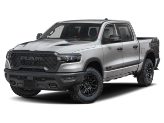 A silver RAM pickup truck with off-road tires on a dark background