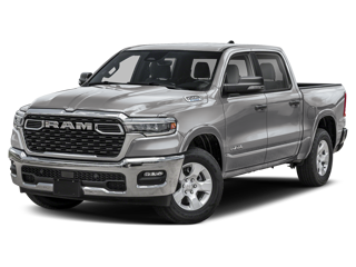 A silver RAM pickup truck on a dark background