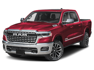 A red RAM pickup truck with chrome trim on a dark background