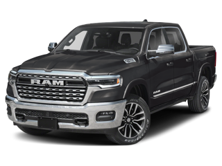 A dark grey RAM pickup truck with a premium chrome grille on a dark background