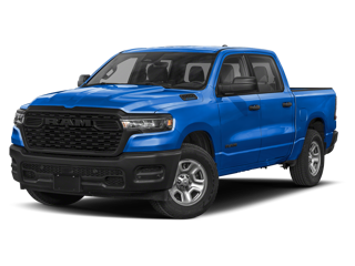 A blue RAM pickup truck on a dark background