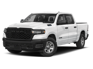 A white RAM pickup truck on a dark background