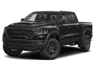 A matte black RAM pickup truck with off-road tires on a dark background