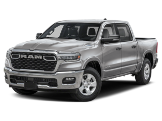 A silver RAM pickup truck on a dark background