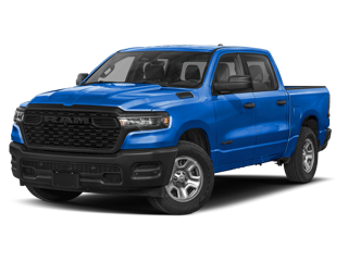 A blue RAM pickup truck on a dark background