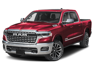 A red RAM pickup truck with chrome trim on a dark background