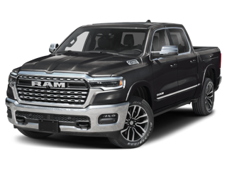 A dark grey RAM pickup truck with a premium chrome grille on a dark background