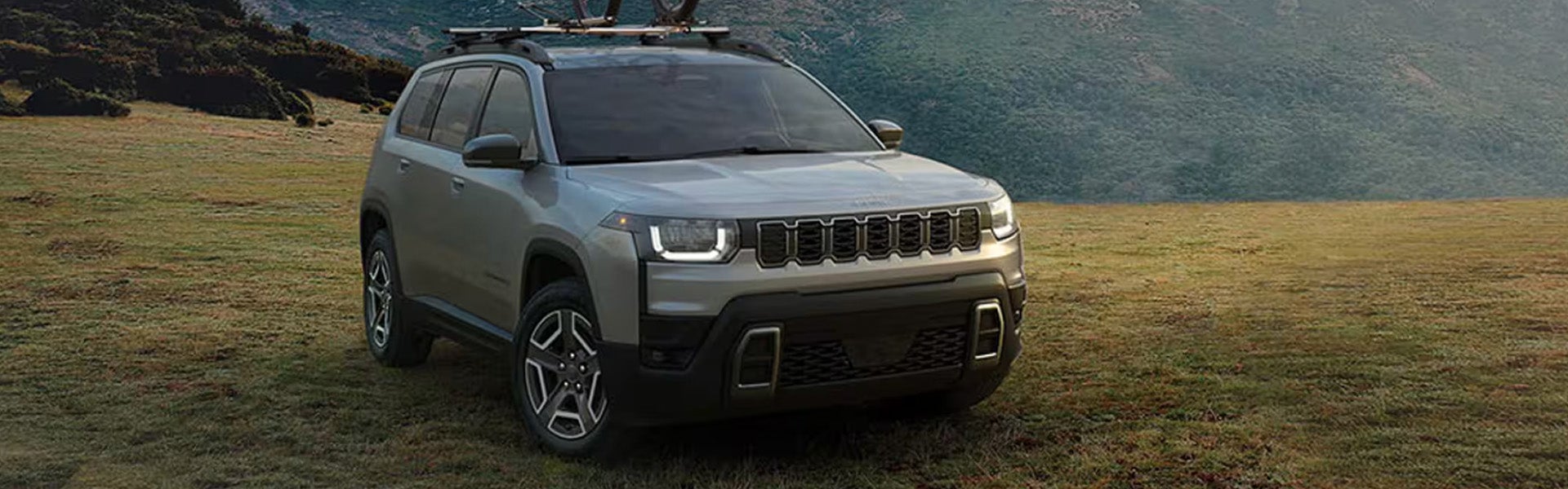 Silver SUV with roof rack and bike on a grassy field, mountains in the background.